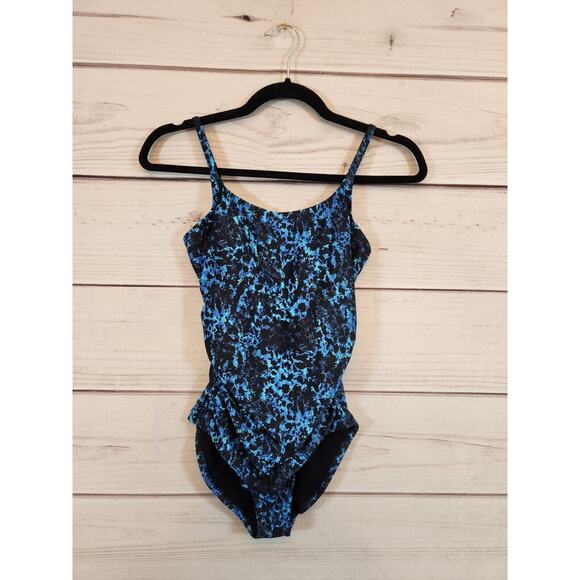 Speedo Women's Blue‎ Black Geometric Animal Print Swimwear One Piece Size 6 - Picture 1 of 6
